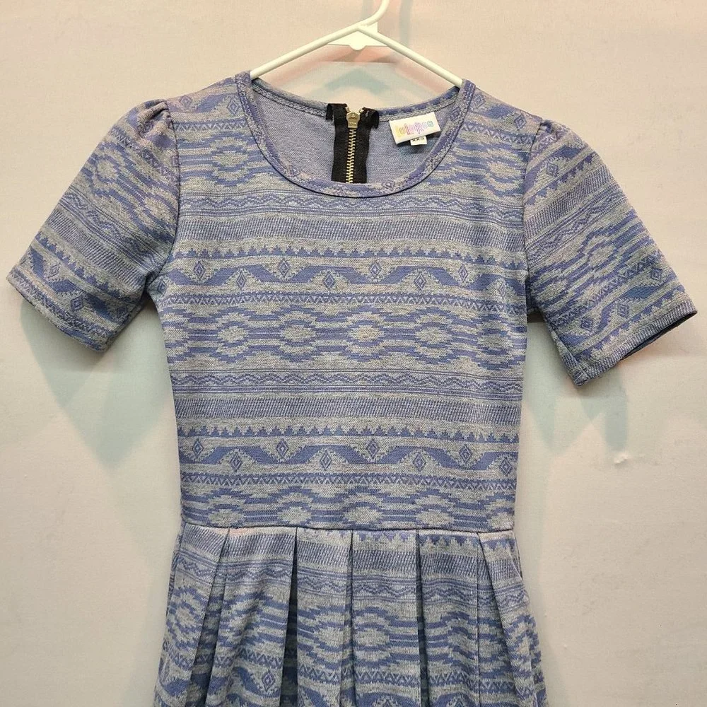 LuLaRoe Amelia Dress Womens XXS Gray Blue Short Sleeve Pleated Pockets